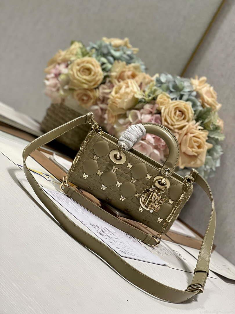Dior M0613 Small Lady D-joy Bag Green Cannage Lambskin with Gold-Finish Butterfly Studs