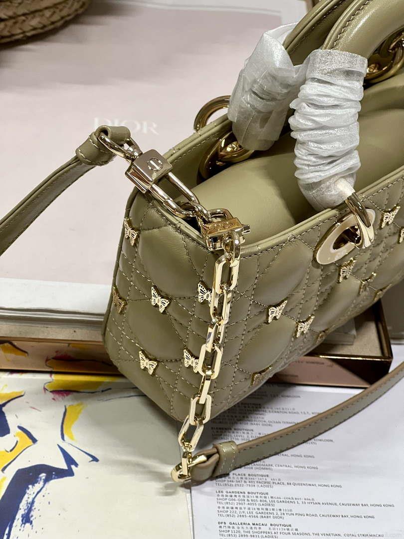 Dior M0613 Small Lady D-joy Bag Green Cannage Lambskin with Gold-Finish Butterfly Studs