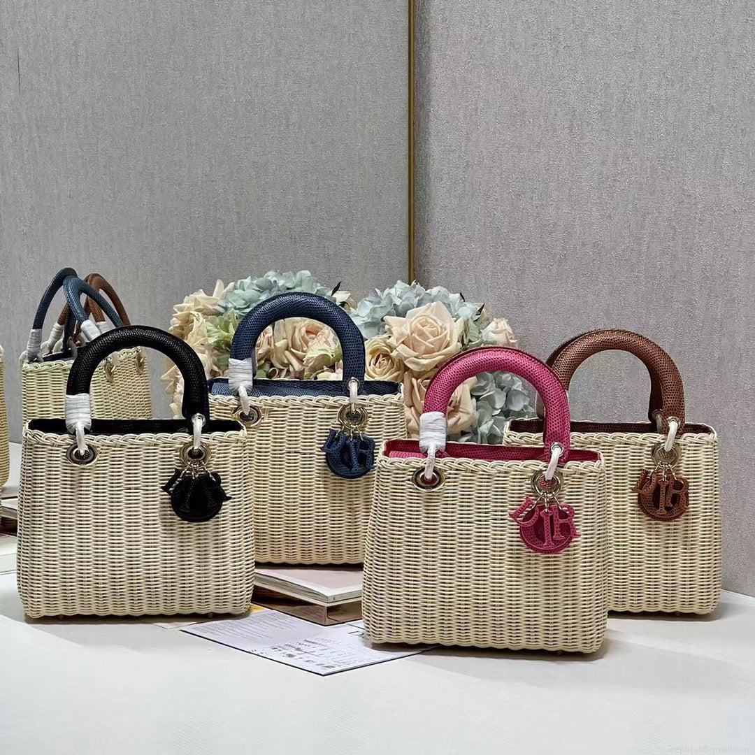 Dior M0565 Medium Lady Dior Bag Natural Wicker With Black Snake