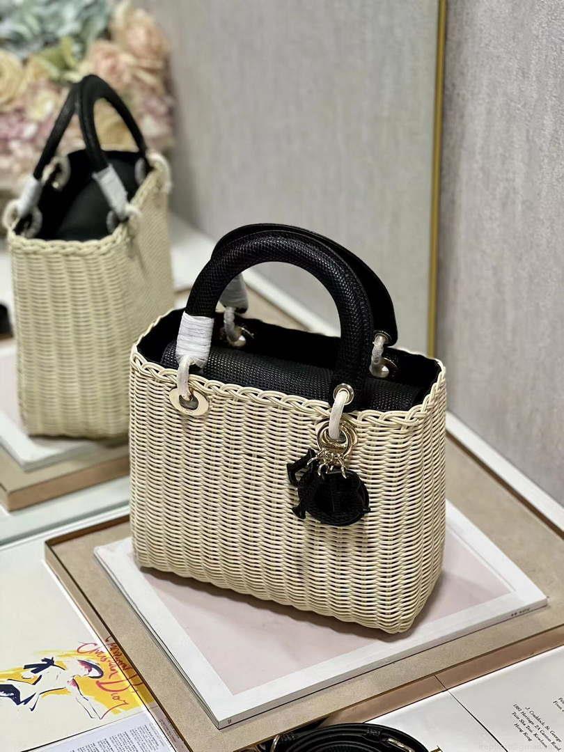 Dior M0565 Medium Lady Dior Bag Natural Wicker With Black Snake
