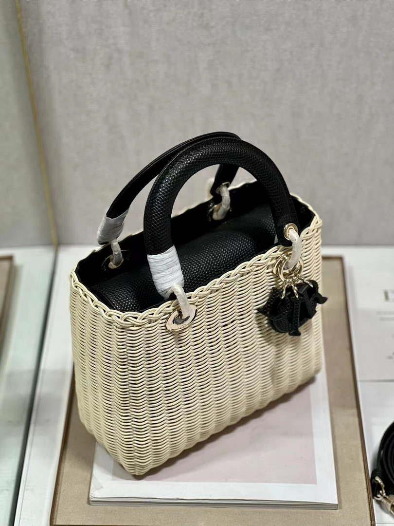 Dior M0565 Medium Lady Dior Bag Natural Wicker With Black Snake