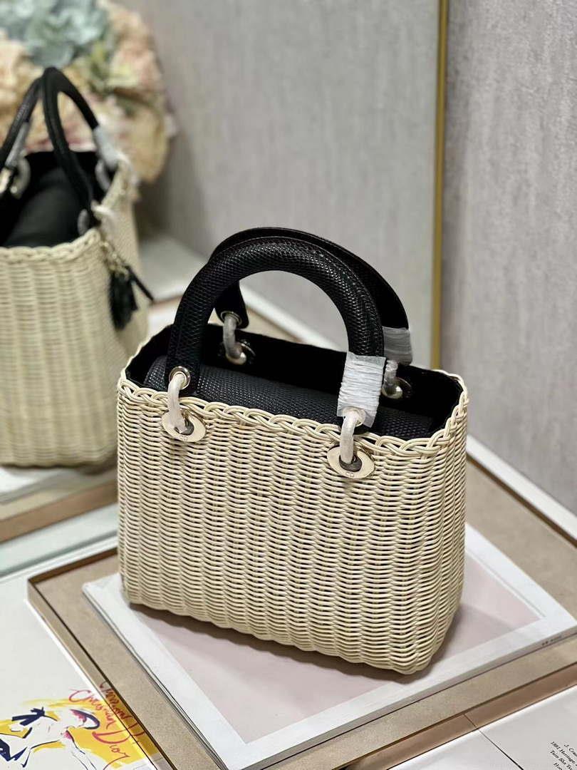 Dior M0565 Medium Lady Dior Bag Natural Wicker With Black Snake