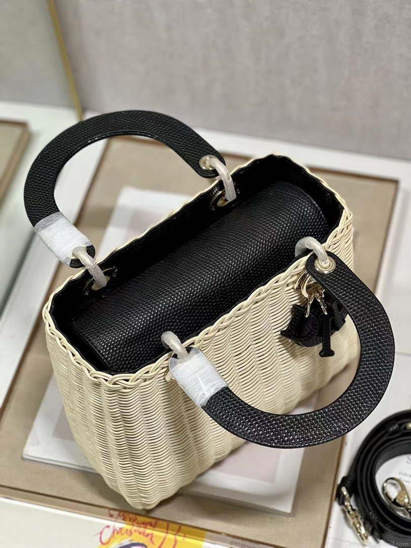 Dior M0565 Medium Lady Dior Bag Natural Wicker With Black Snake