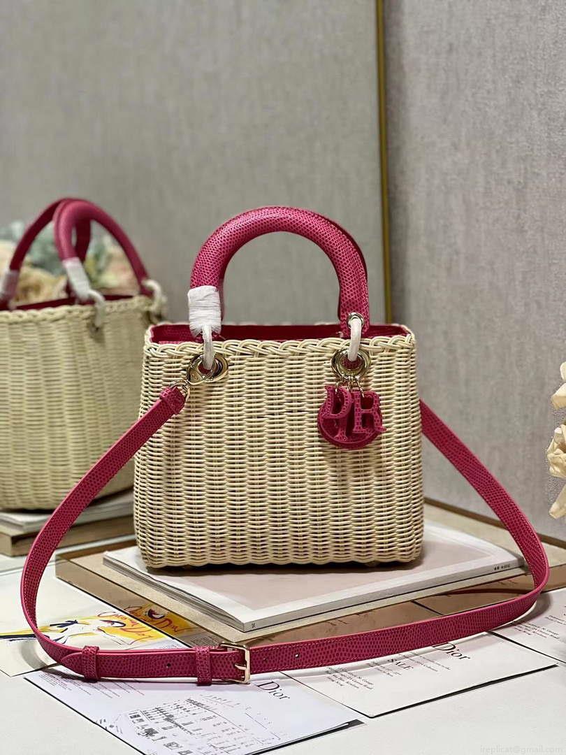 Dior M0565 Medium Lady Dior Bag Natural Wicker With Pink Snake