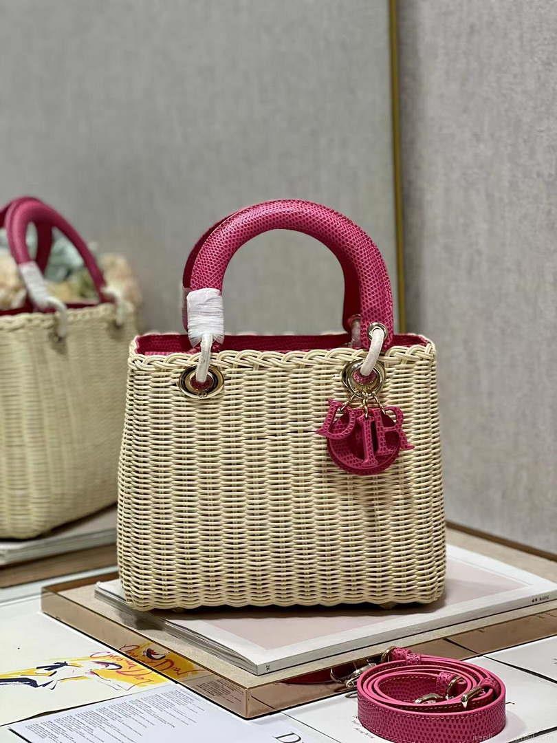 Dior M0565 Medium Lady Dior Bag Natural Wicker With Pink Snake
