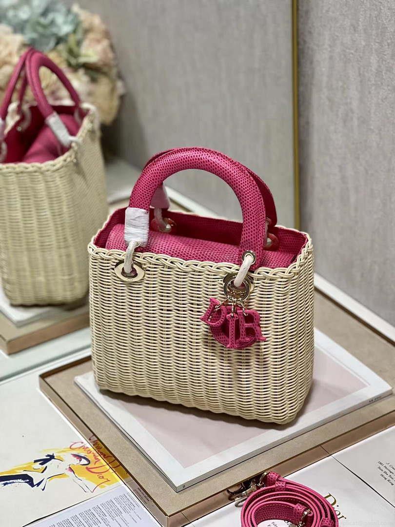 Dior M0565 Medium Lady Dior Bag Natural Wicker With Pink Snake