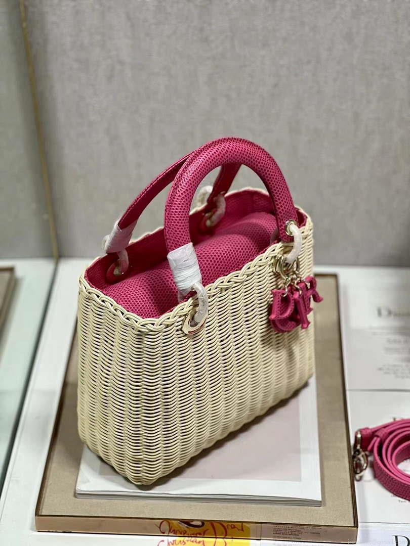 Dior M0565 Medium Lady Dior Bag Natural Wicker With Pink Snake