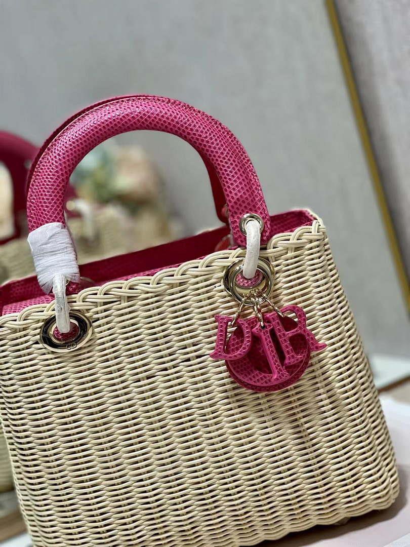 Dior M0565 Medium Lady Dior Bag Natural Wicker With Pink Snake