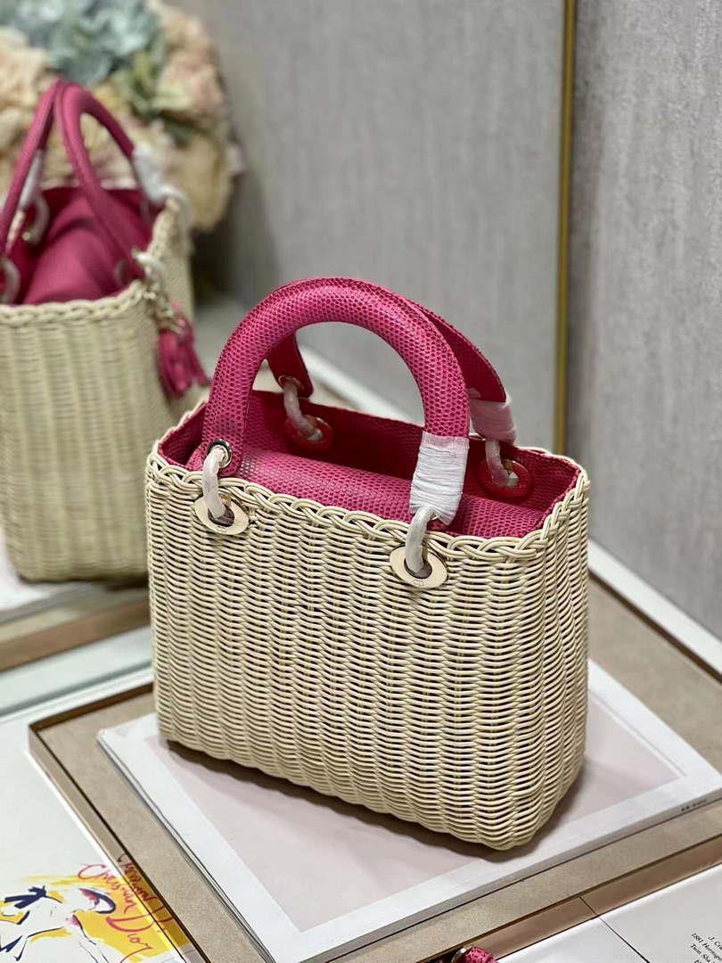 Dior M0565 Medium Lady Dior Bag Natural Wicker With Pink Snake
