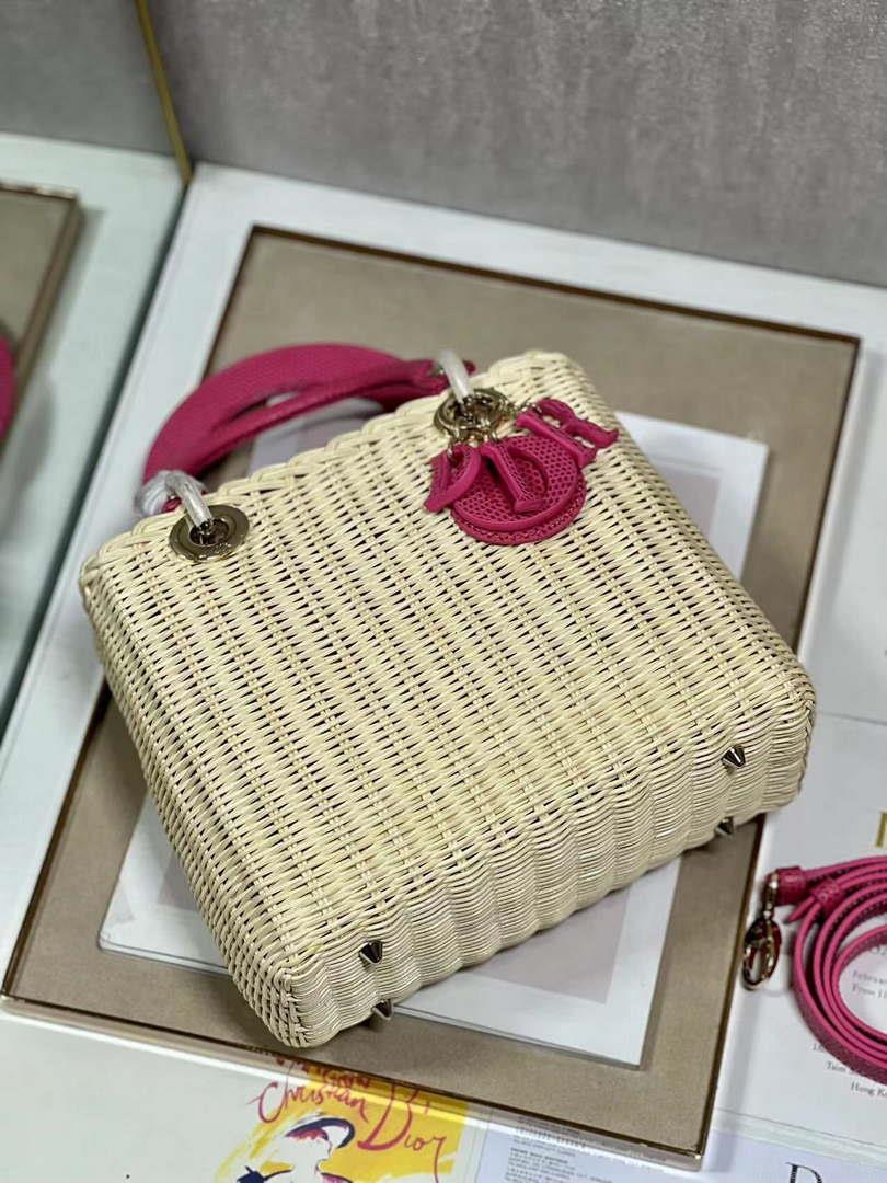 Dior M0565 Medium Lady Dior Bag Natural Wicker With Pink Snake