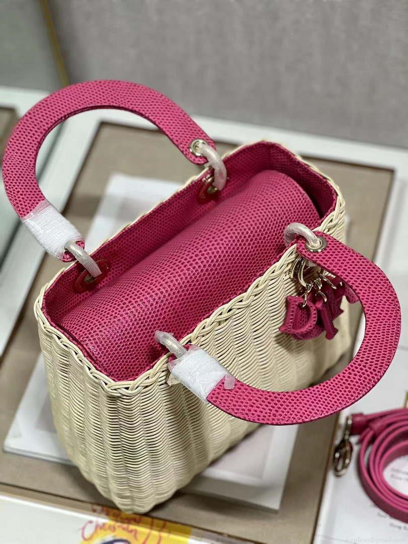 Dior M0565 Medium Lady Dior Bag Natural Wicker With Pink Snake