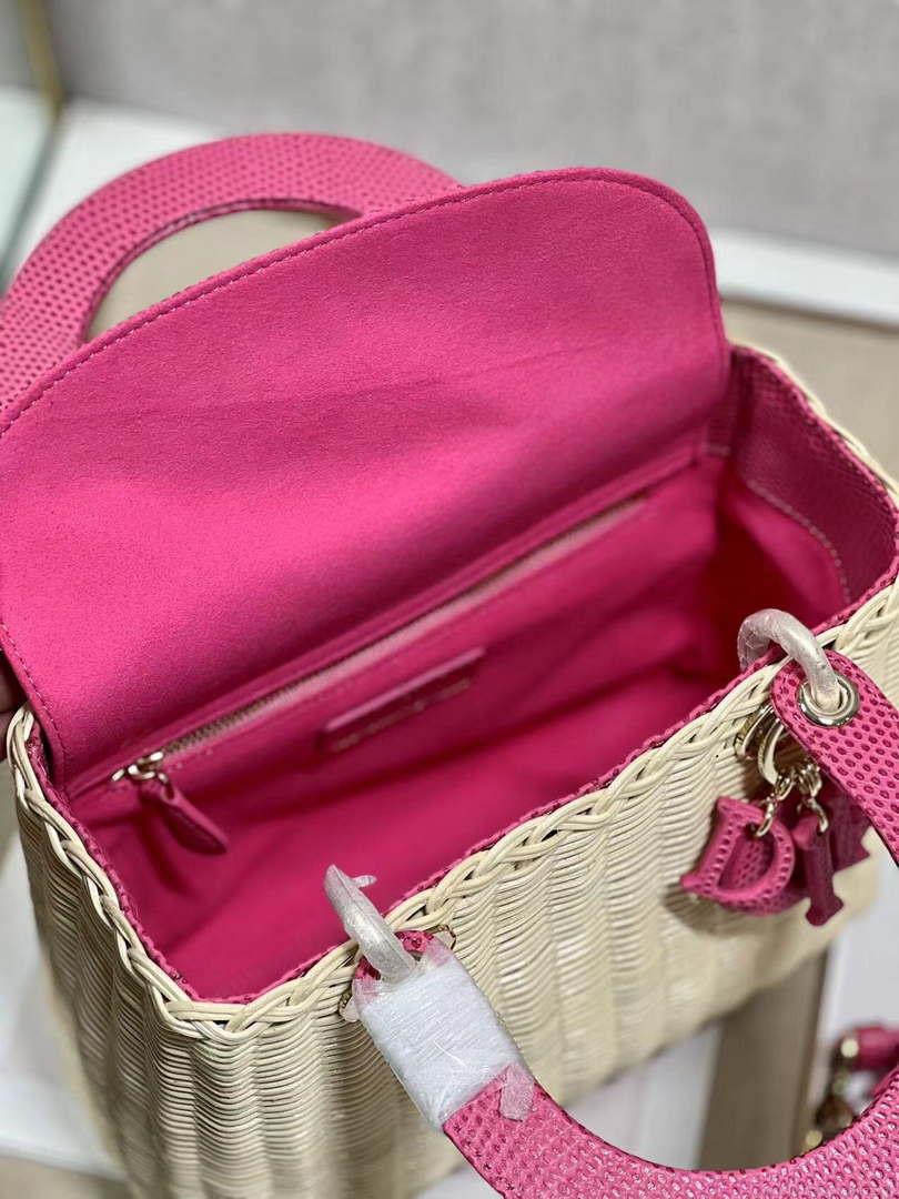 Dior M0565 Medium Lady Dior Bag Natural Wicker With Pink Snake
