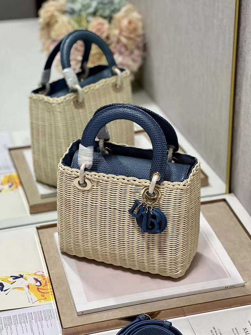 Dior M0565 Medium Lady Dior Bag Natural Wicker With Navy Blue Snake