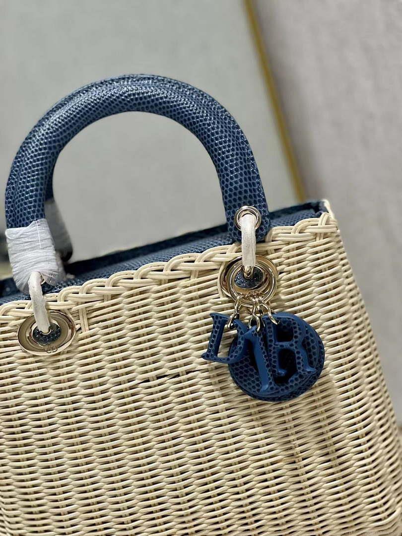 Dior M0565 Medium Lady Dior Bag Natural Wicker With Navy Blue Snake
