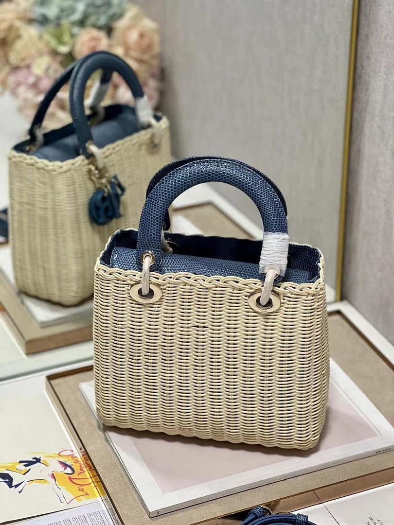 Dior M0565 Medium Lady Dior Bag Natural Wicker With Navy Blue Snake