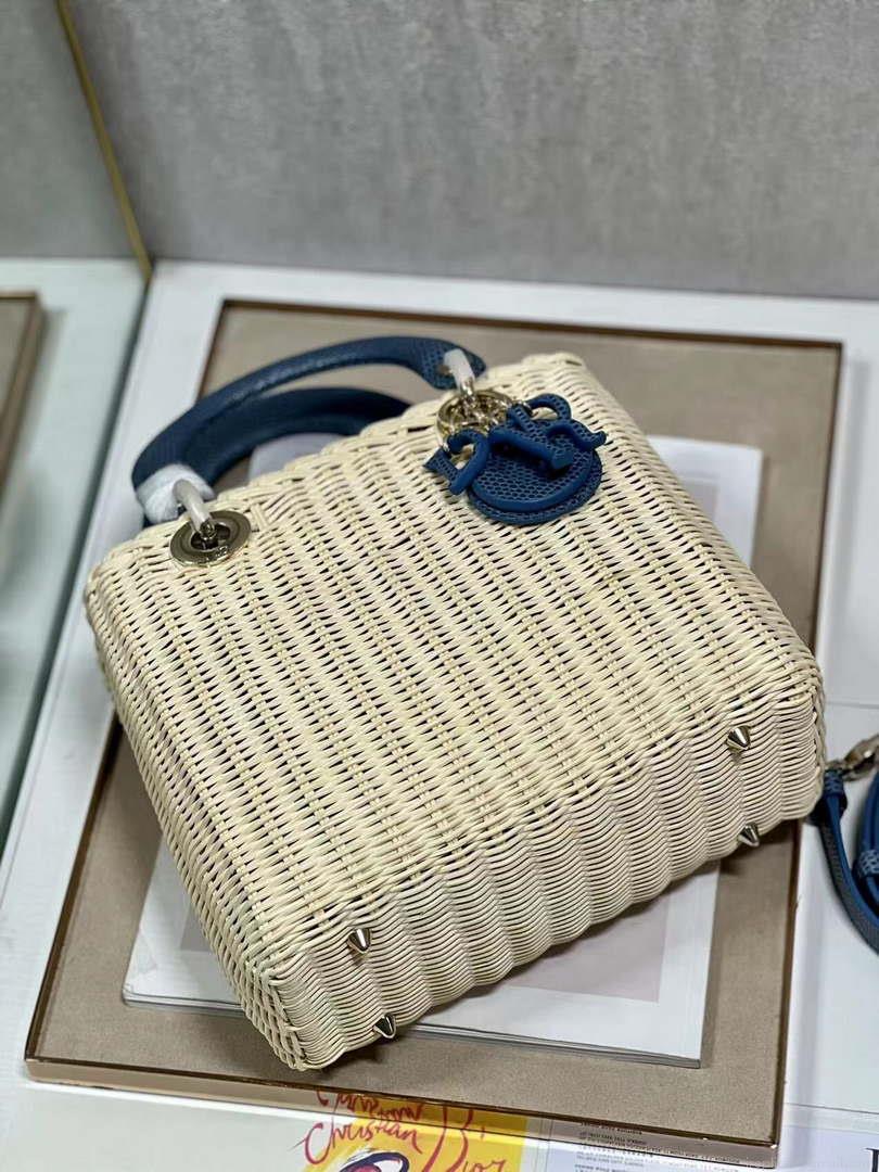 Dior M0565 Medium Lady Dior Bag Natural Wicker With Navy Blue Snake