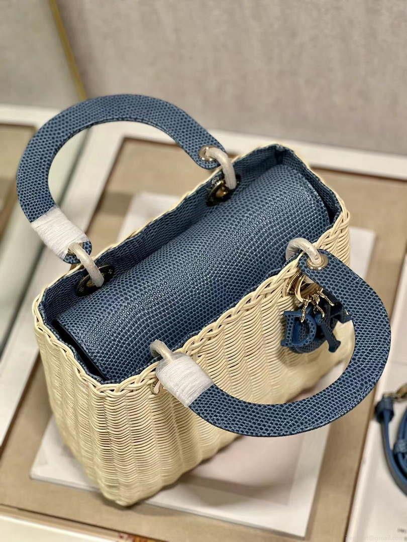 Dior M0565 Medium Lady Dior Bag Natural Wicker With Navy Blue Snake