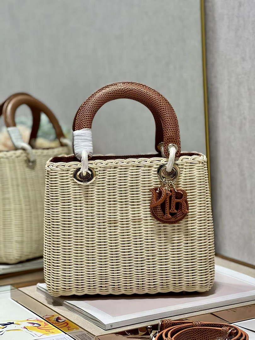 Dior M0565 Medium Lady Dior Bag Natural Wicker With Brown Snake