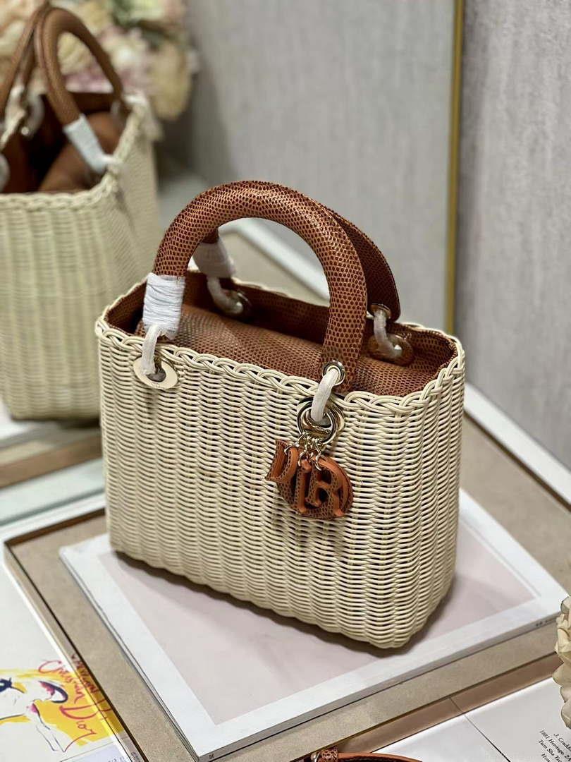 Dior M0565 Medium Lady Dior Bag Natural Wicker With Brown Snake