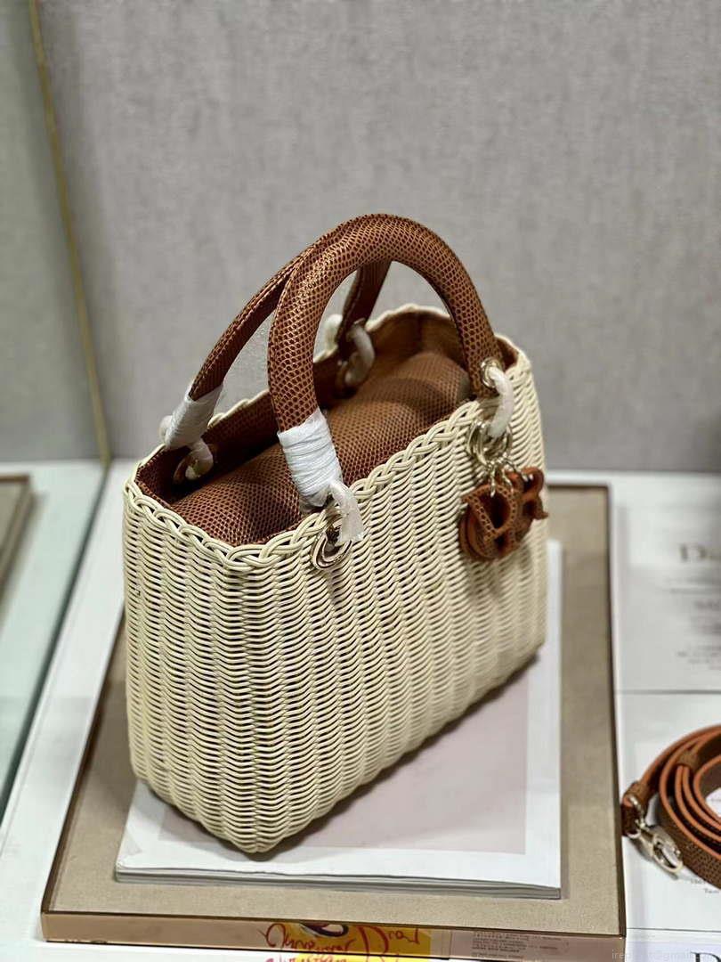 Dior M0565 Medium Lady Dior Bag Natural Wicker With Brown Snake