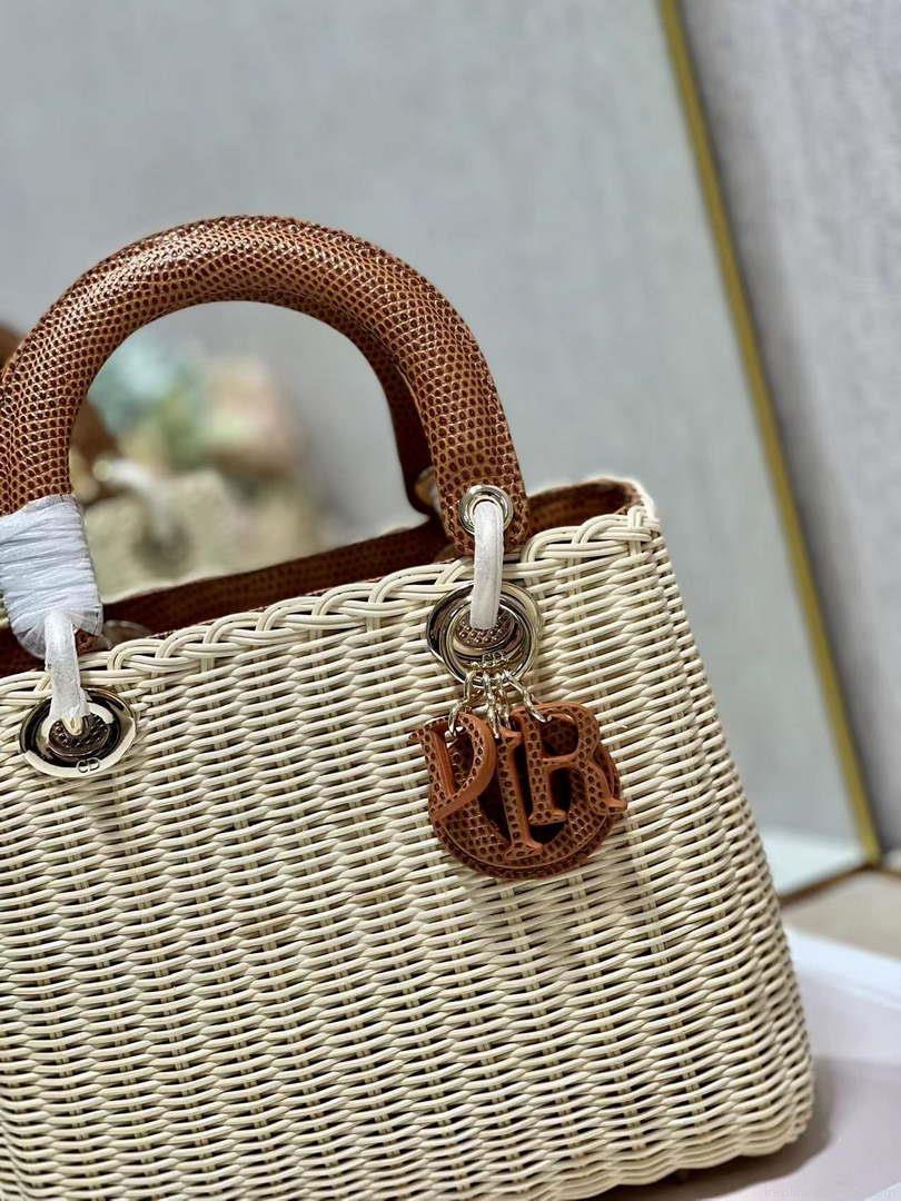 Dior M0565 Medium Lady Dior Bag Natural Wicker With Brown Snake