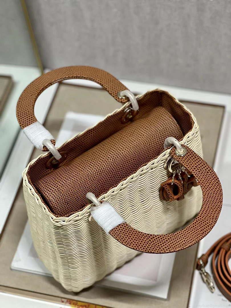Dior M0565 Medium Lady Dior Bag Natural Wicker With Brown Snake