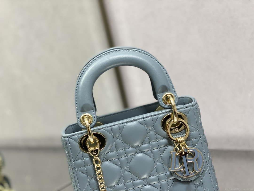 Dior M0505 Mini Lady Dior Bag Blue Calfskin with enamel buckle