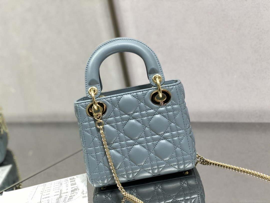 Dior M0505 Mini Lady Dior Bag Blue Calfskin with enamel buckle