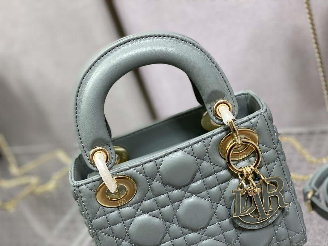 Dior M0505 Mini Lady Dior Bag Rock Gray Calfskin with enamel buckle