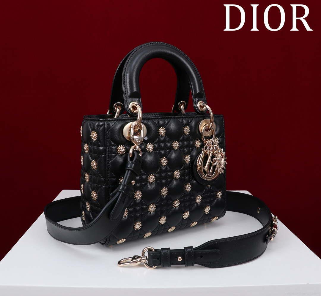 Dior M0531 Small Lady Dior Bag Black Cannage Lambskin with Gold-Finish Sun Studs