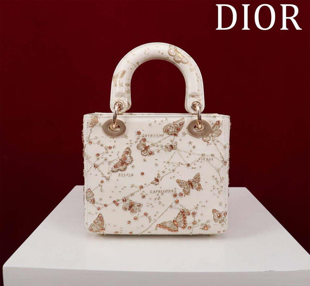 Dior M0531 Small Lady Dior Bag White and Gold-Tone Calfskin with Butterfly Zodiac Print and Embroidery