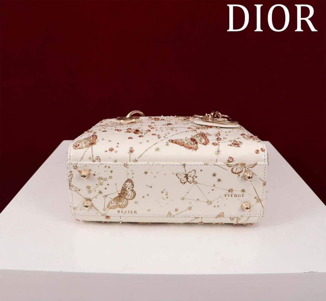 Dior M0531 Small Lady Dior Bag White and Gold-Tone Calfskin with Butterfly Zodiac Print and Embroidery