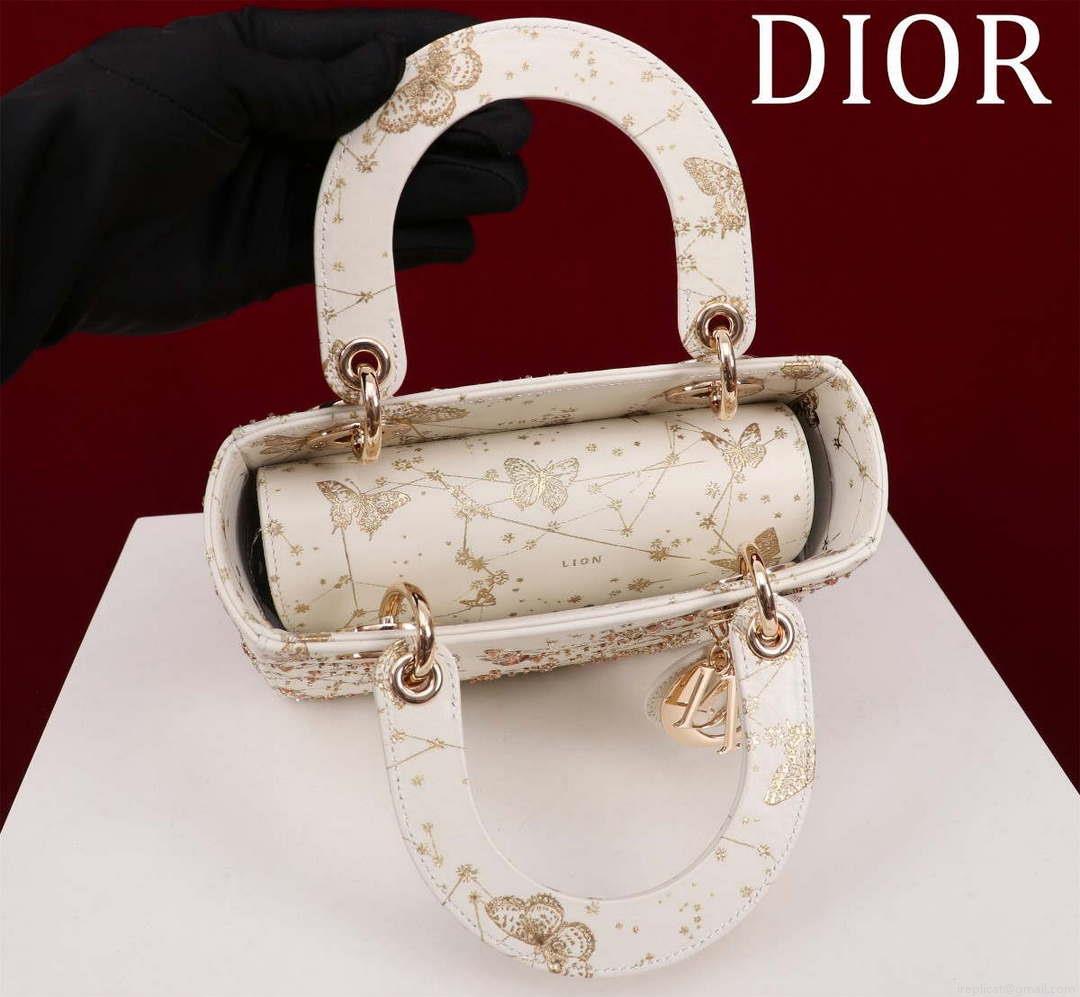 Dior M0531 Small Lady Dior Bag White and Gold-Tone Calfskin with Butterfly Zodiac Print and Embroidery