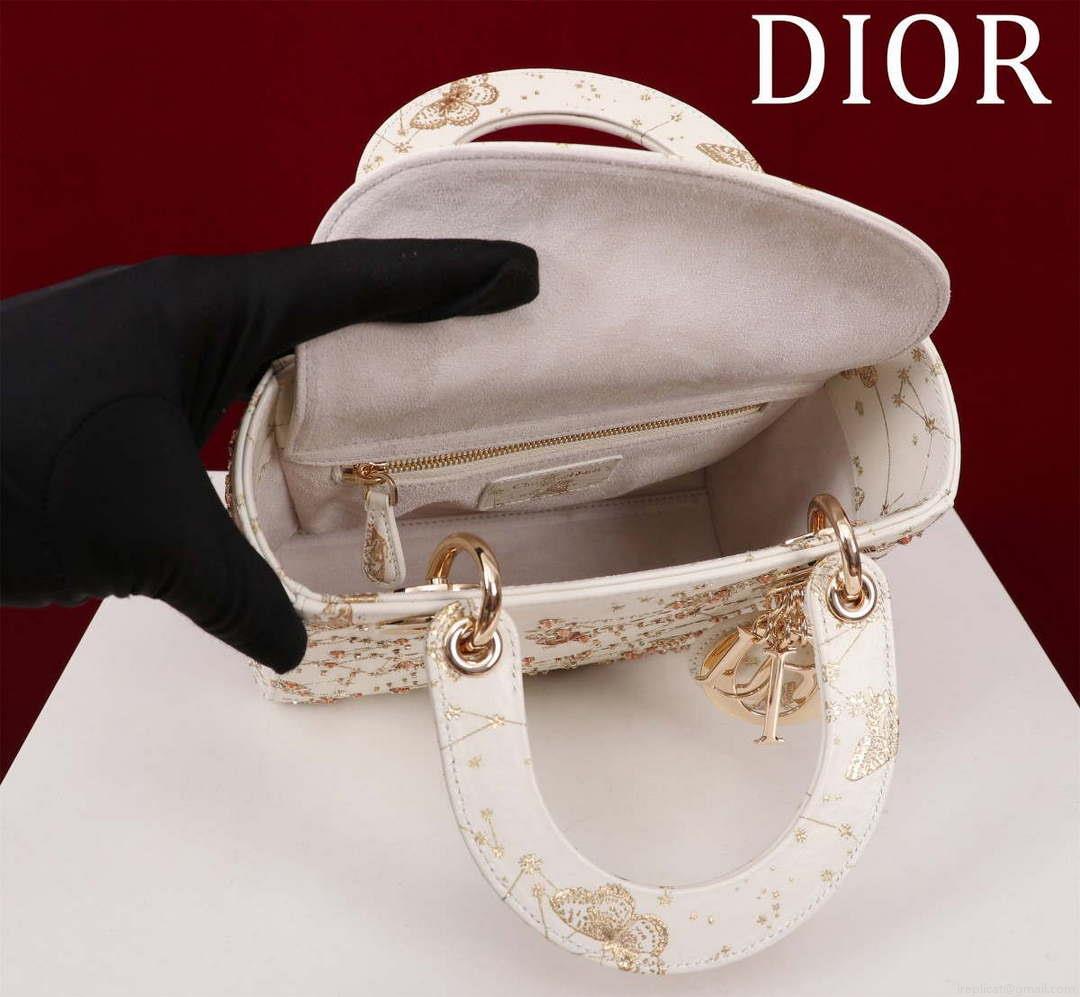 Dior M0531 Small Lady Dior Bag White and Gold-Tone Calfskin with Butterfly Zodiac Print and Embroidery