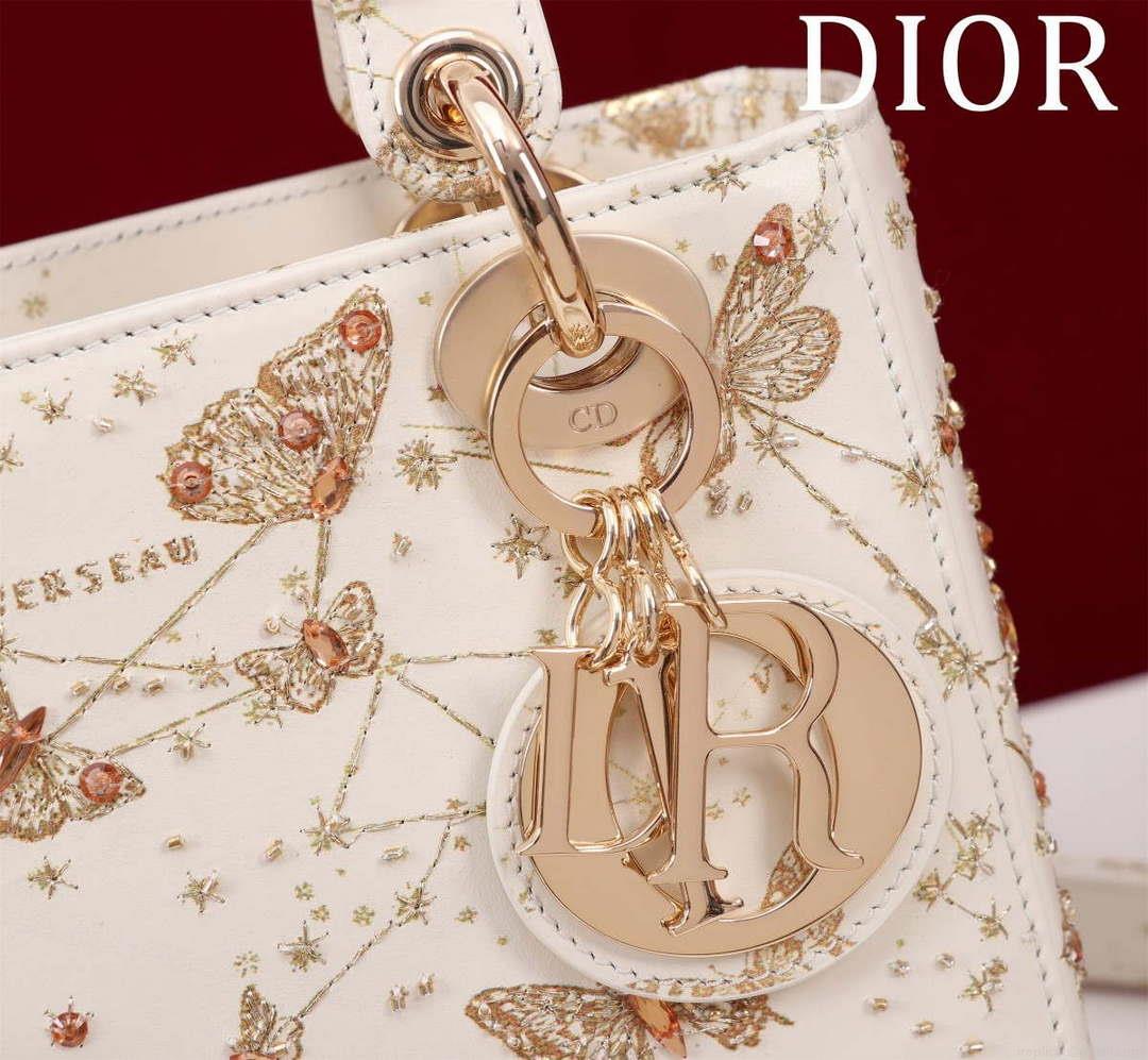 Dior M0531 Small Lady Dior Bag White and Gold-Tone Calfskin with Butterfly Zodiac Print and Embroidery