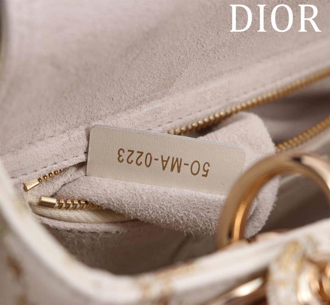 Dior M0531 Small Lady Dior Bag White and Gold-Tone Calfskin with Butterfly Zodiac Print and Embroidery