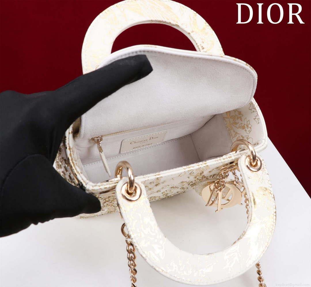 Dior M0505 Mini Lady Dior Bag Beige Embroidered Magpie Gold Beads