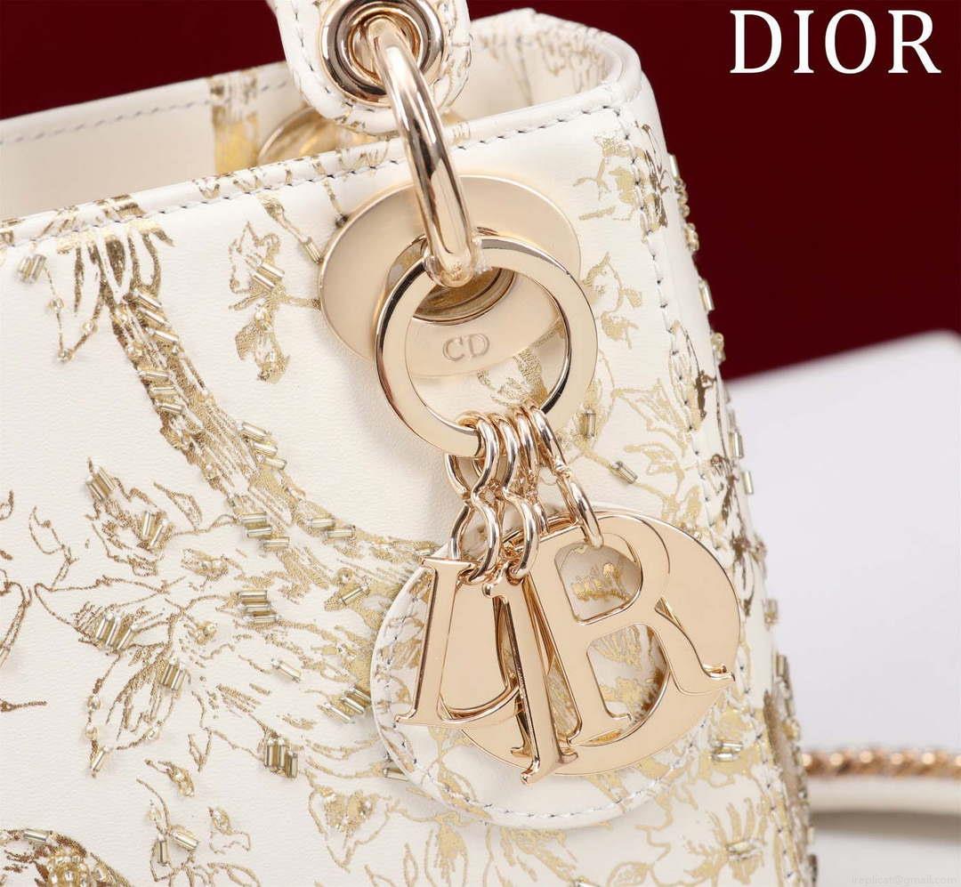 Dior M0505 Mini Lady Dior Bag Beige Embroidered Magpie Gold Beads