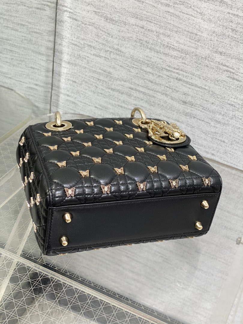 Dior M0531 Small Lady Dior Bag Black Cannage Lambskin with Gold-Finish Butterfly Studs