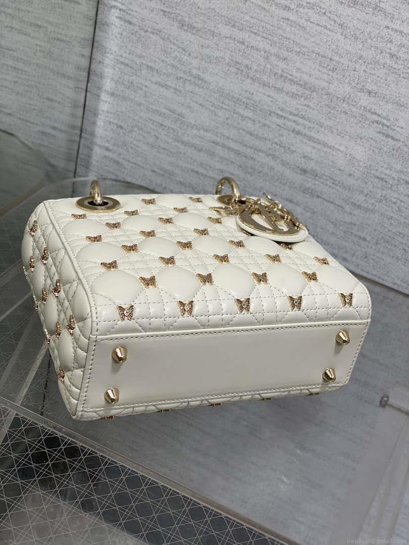 Dior M0531 Small Lady Dior Bag White Cannage Lambskin with Gold-Finish Butterfly Studs