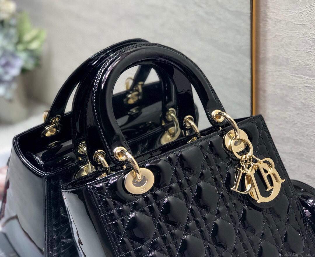 Dior M0565 Lady Dior Medium Tote Bag M950 Black Patent Cannage Calfskin