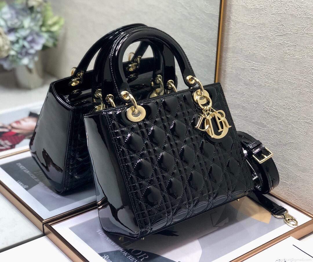 Dior M0565 Lady Dior Medium Tote Bag M950 Black Patent Cannage Calfskin
