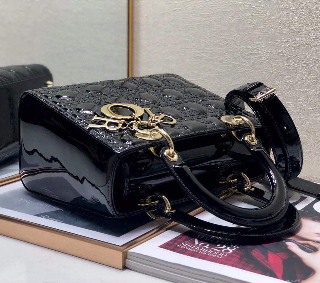 Dior M0565 Lady Dior Medium Tote Bag M950 Black Patent Cannage Calfskin