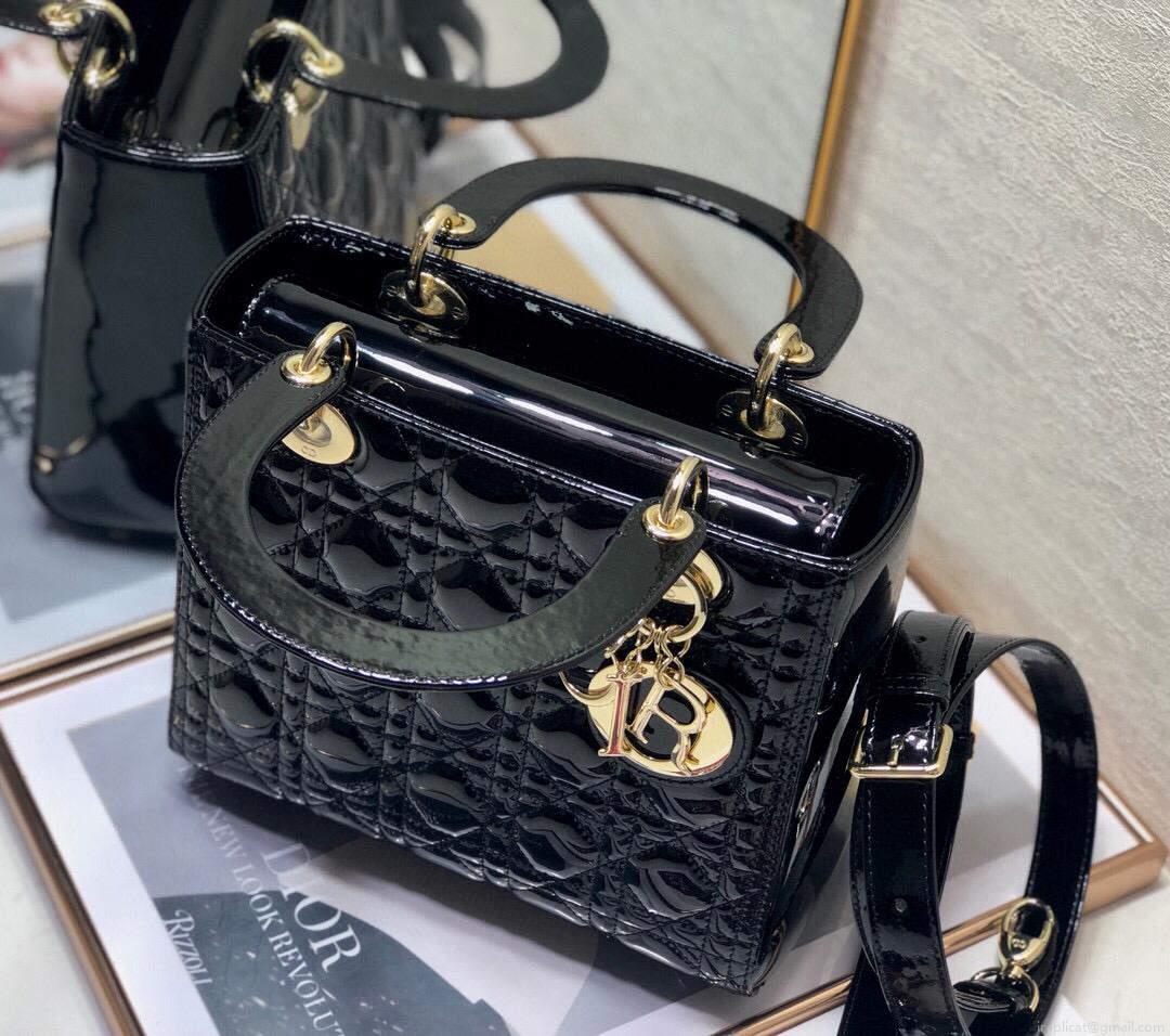 Dior M0565 Lady Dior Medium Tote Bag M950 Black Patent Cannage Calfskin