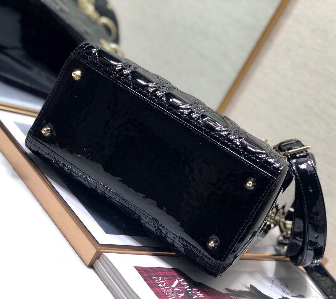 Dior M0565 Lady Dior Medium Tote Bag M950 Black Patent Cannage Calfskin