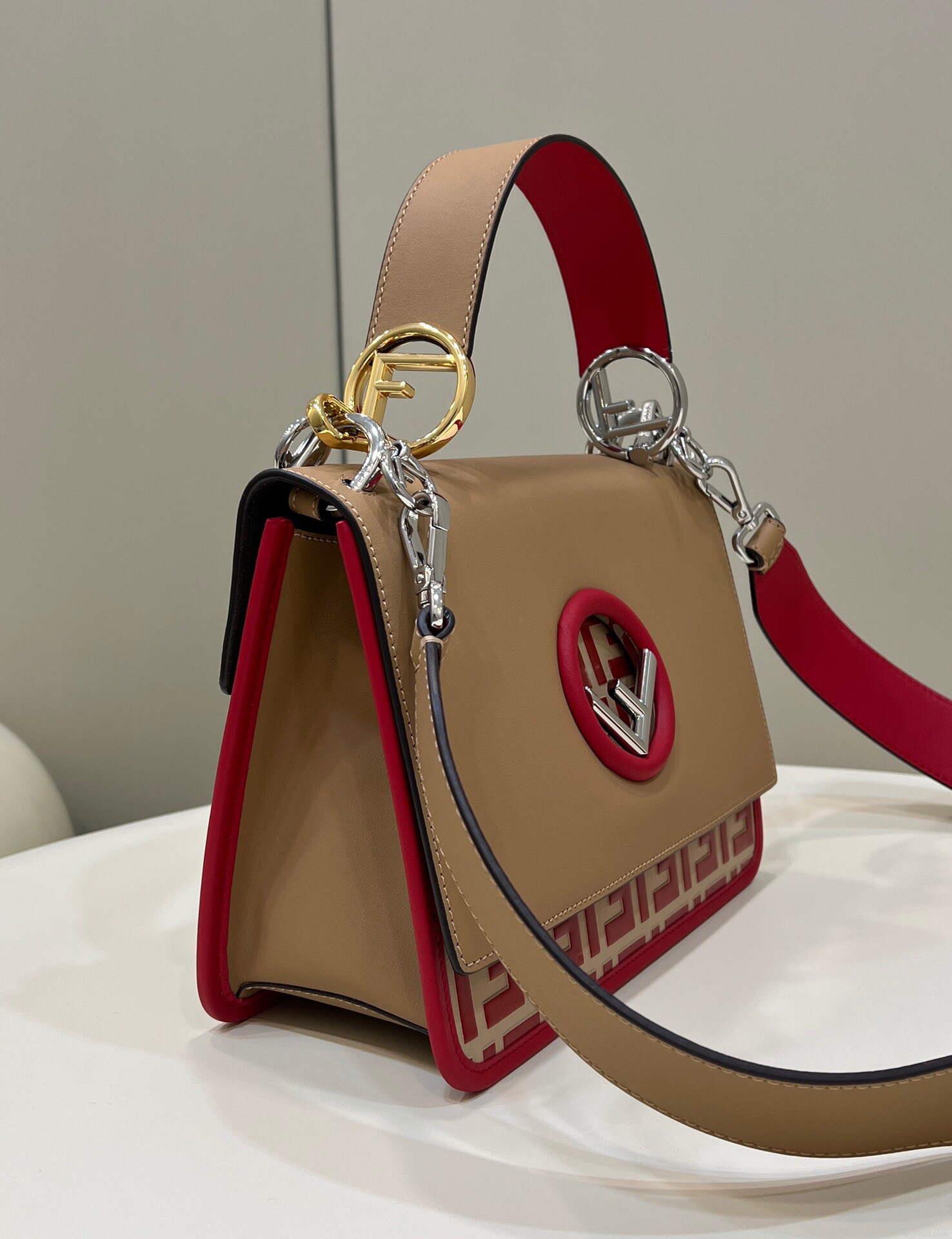 Fendi 8BT284 Kan I F Leather Bag Apricot Red