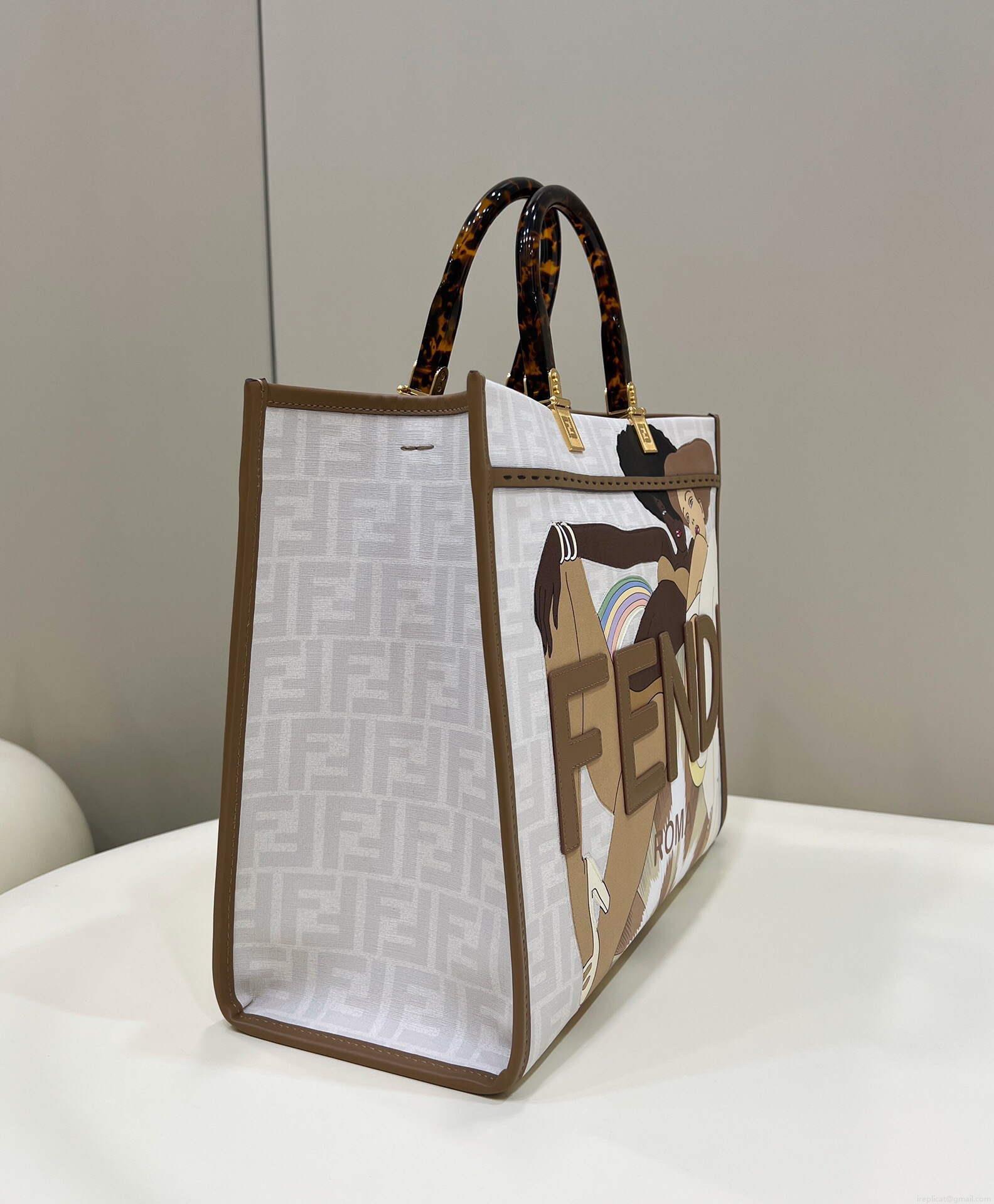 Fendi 8BH386 Sunshine Medium FF White Glazed Fabric Shopper