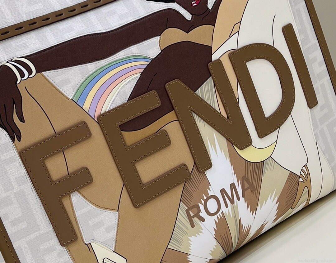 Fendi 8BH386 Sunshine Medium FF White Glazed Fabric Shopper