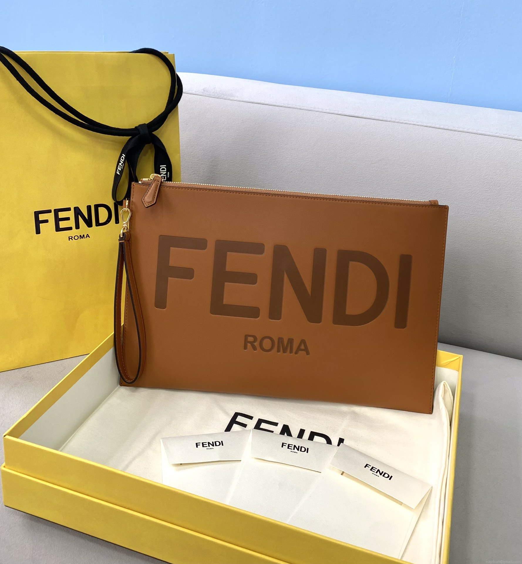 Fendi 8N0178AC9L Fendi logo flat pouch clutch 8370L Tan