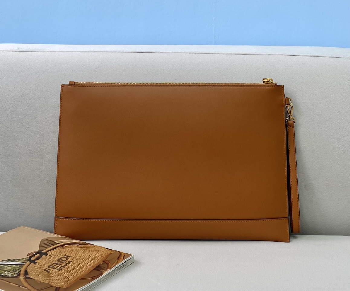 Fendi 8N0178AC9L Fendi logo flat pouch clutch 8370L Tan